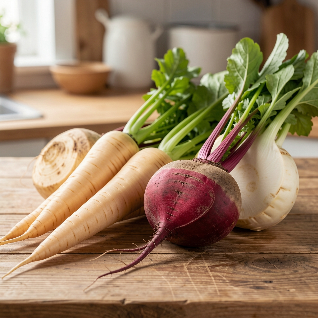 Fresh winter root vegetables including parsnips, beetroot and celeriac on a wooden kitchen surface