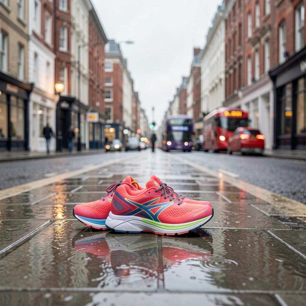 Running shoes on a wet London pavement, overcast morning light, active lifestyle editorial photography